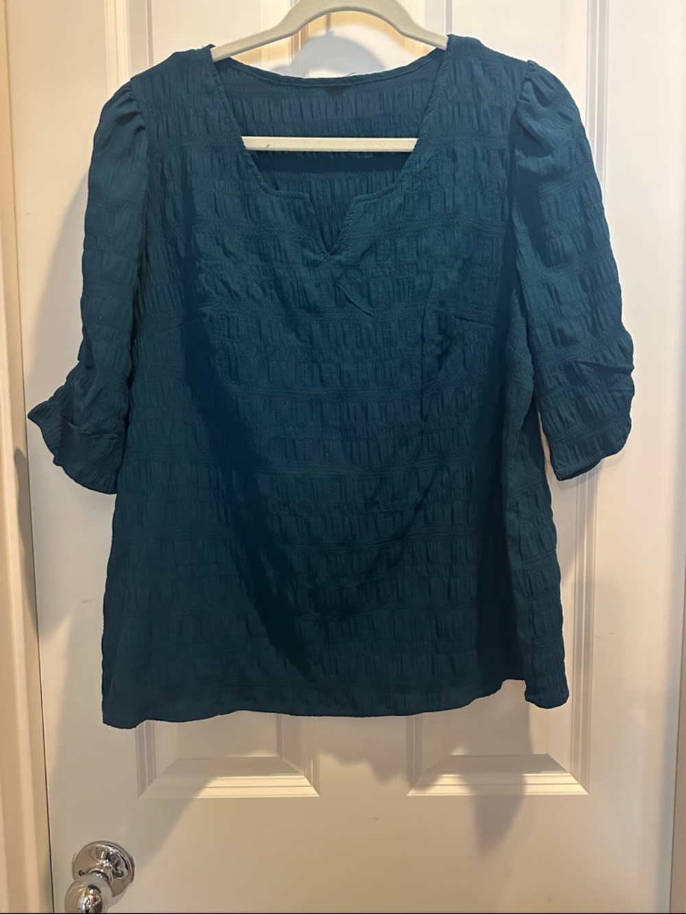 Women's Teal Textured V-Neck Top